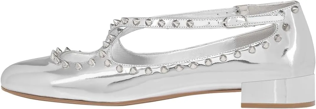 FSJ Women Spikes Ballerina Round Toe Pumps Cross Strap Studded Rivets Adjustable Buckle Block Low Heels Mary Jane Shoes Size 4-16 US