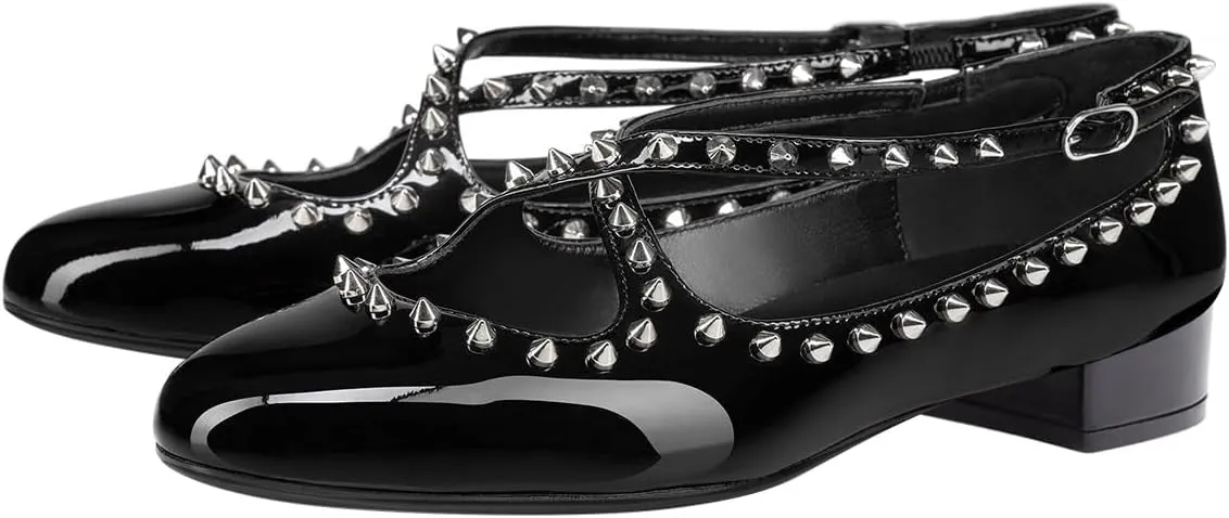 FSJ Women Spikes Ballerina Round Toe Pumps Cross Strap Studded Rivets Adjustable Buckle Block Low Heels Mary Jane Shoes Size 4-16 US