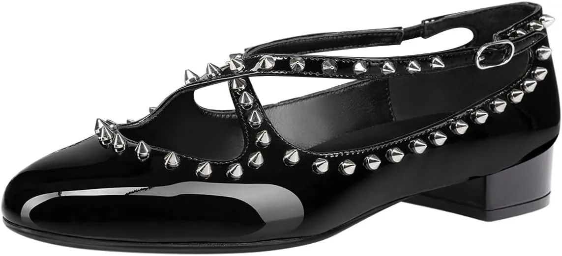 FSJ Women Spikes Ballerina Round Toe Pumps Cross Strap Studded Rivets Adjustable Buckle Block Low Heels Mary Jane Shoes Size 4-16 US