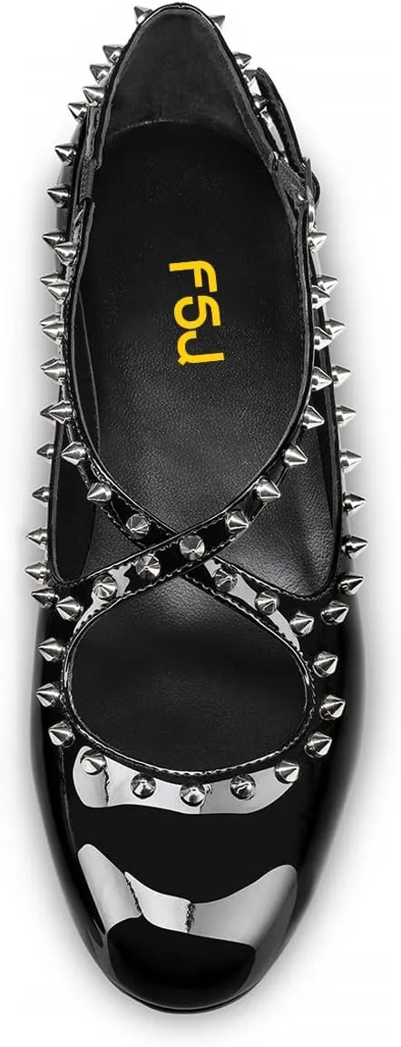 FSJ Women Spikes Ballerina Round Toe Pumps Cross Strap Studded Rivets Adjustable Buckle Block Low Heels Mary Jane Shoes Size 4-16 US