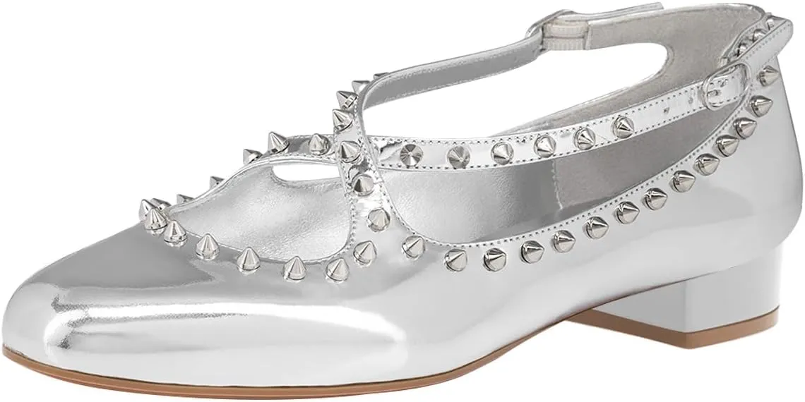 FSJ Women Spikes Ballerina Round Toe Pumps Cross Strap Studded Rivets Adjustable Buckle Block Low Heels Mary Jane Shoes Size 4-16 US