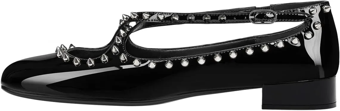 FSJ Women Spikes Ballerina Round Toe Pumps Cross Strap Studded Rivets Adjustable Buckle Block Low Heels Mary Jane Shoes Size 4-16 US