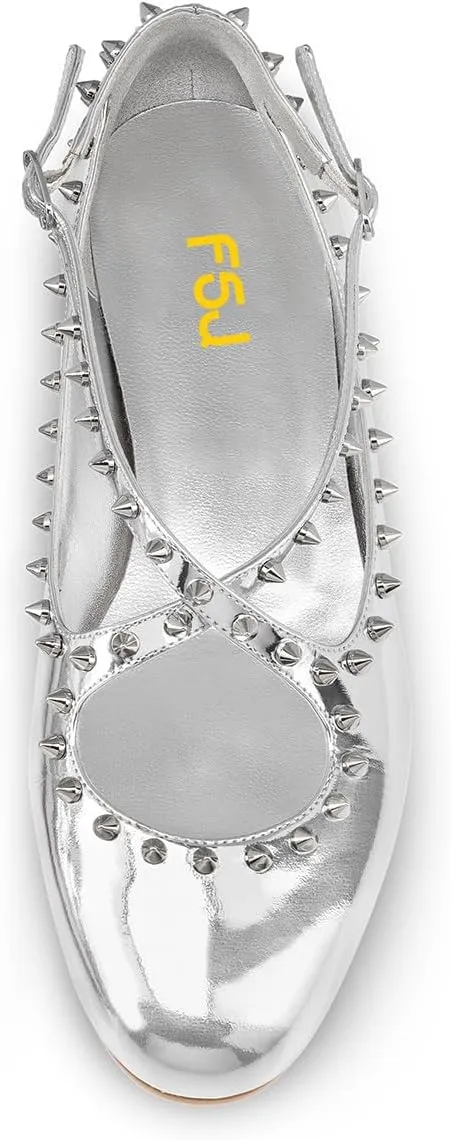 FSJ Women Spikes Ballerina Round Toe Pumps Cross Strap Studded Rivets Adjustable Buckle Block Low Heels Mary Jane Shoes Size 4-16 US