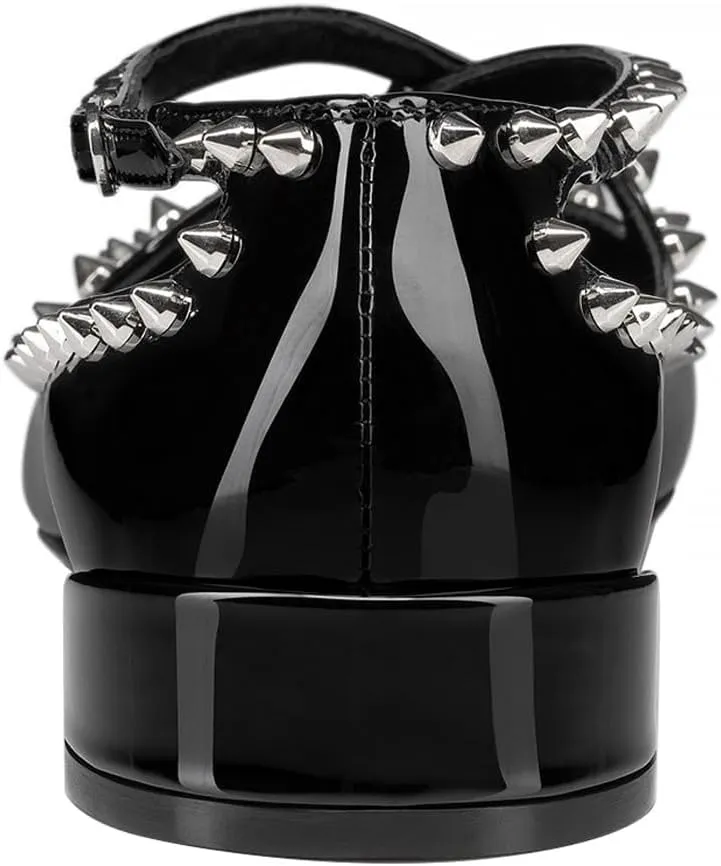 FSJ Women Spikes Ballerina Round Toe Pumps Cross Strap Studded Rivets Adjustable Buckle Block Low Heels Mary Jane Shoes Size 4-16 US