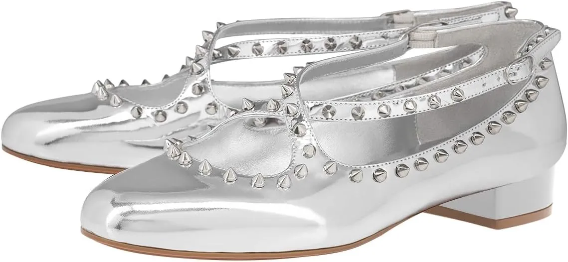 FSJ Women Spikes Ballerina Round Toe Pumps Cross Strap Studded Rivets Adjustable Buckle Block Low Heels Mary Jane Shoes Size 4-16 US