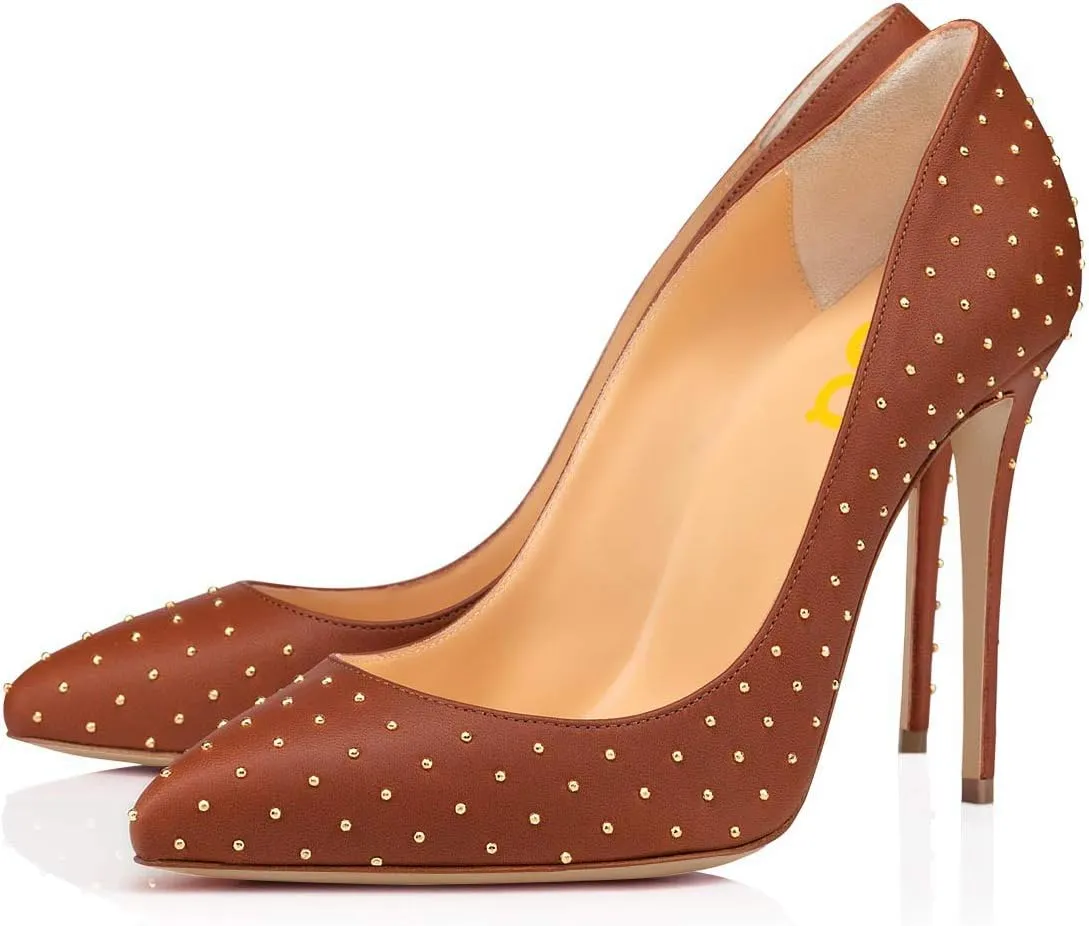 FSJ Women Studded Pointed Toe Pumps Sexy Stiletto High Heel Shoes for Party Prom Dressy Size 4-15 US