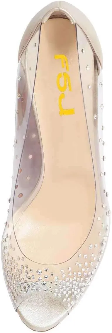 FSJ Women Studded Pointed Toe Transparent Pumps High Heels Shoes with Cute Bowknot US Size 4-15 M