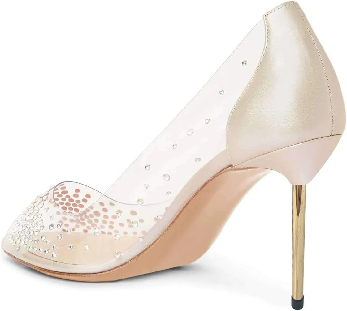 FSJ Women Studded Pointed Toe Transparent Pumps High Heels Shoes with Cute Bowknot US Size 4-15 M