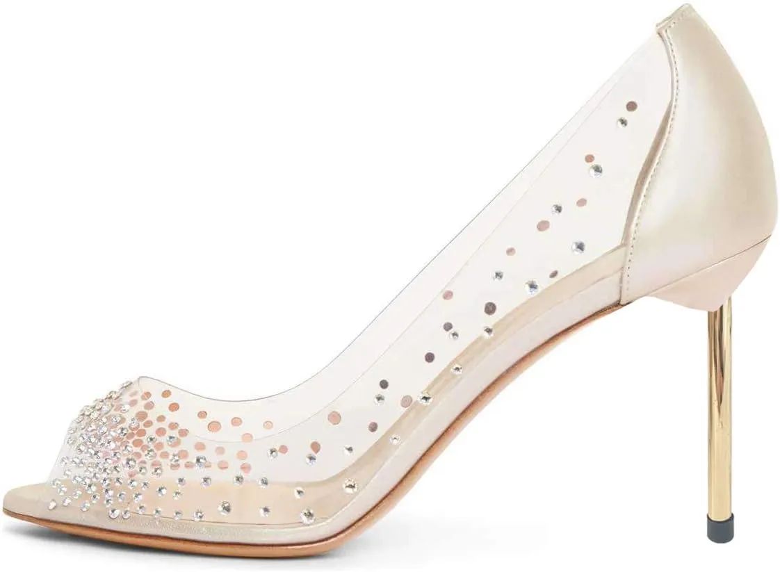 FSJ Women Studded Pointed Toe Transparent Pumps High Heels Shoes with Cute Bowknot US Size 4-15 M
