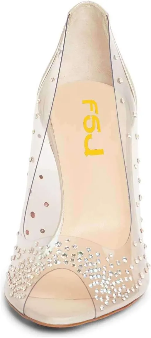 FSJ Women Studded Pointed Toe Transparent Pumps High Heels Shoes with Cute Bowknot US Size 4-15 M