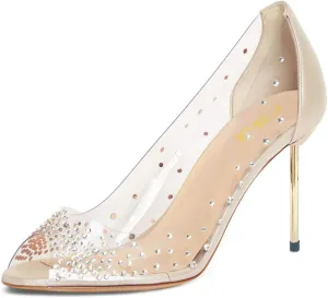 FSJ Women Studded Pointed Toe Transparent Pumps High Heels Shoes with Cute Bowknot US Size 4-15 M