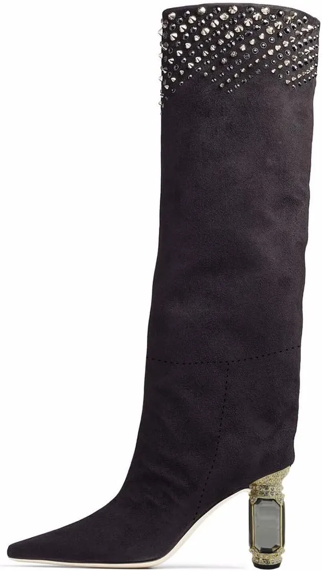 FSJ Women Trendy Studded Knee High Stretch Long Boots Pointed Toe Crystal Block Chunky Heel Comfort Winter Warm Faux Suede Pull On Shoes Size 4-15 US