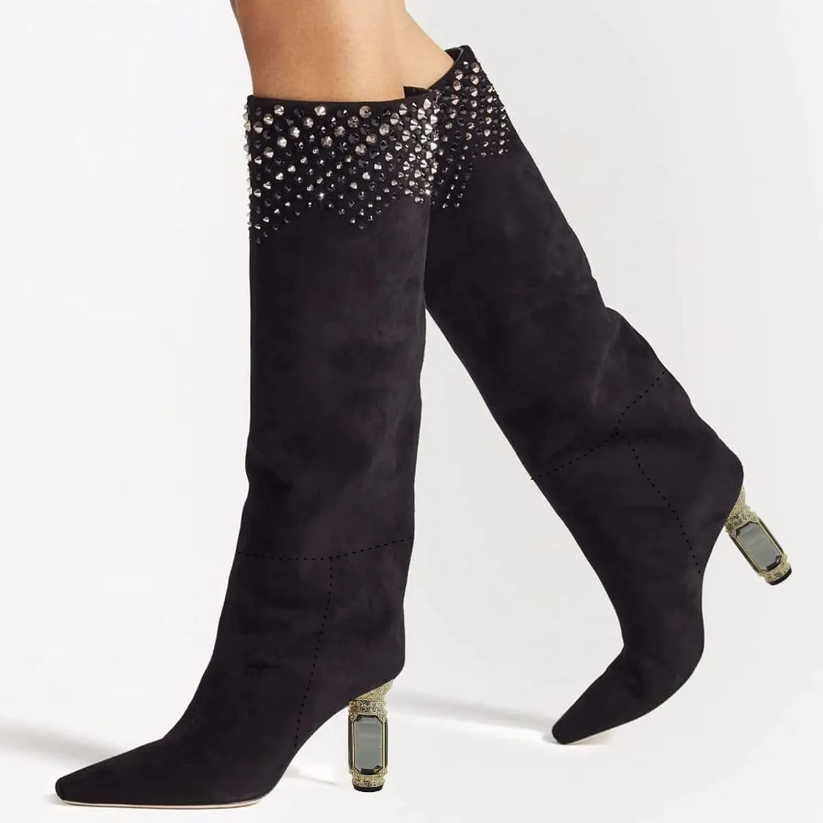FSJ Women Trendy Studded Knee High Stretch Long Boots Pointed Toe Crystal Block Chunky Heel Comfort Winter Warm Faux Suede Pull On Shoes Size 4-15 US