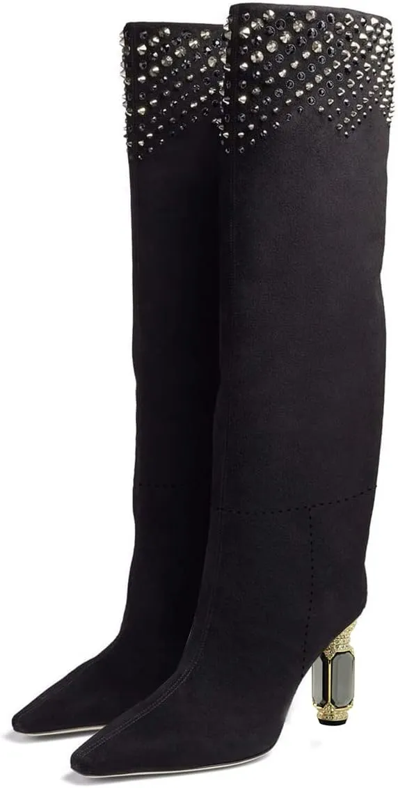 FSJ Women Trendy Studded Knee High Stretch Long Boots Pointed Toe Crystal Block Chunky Heel Comfort Winter Warm Faux Suede Pull On Shoes Size 4-15 US
