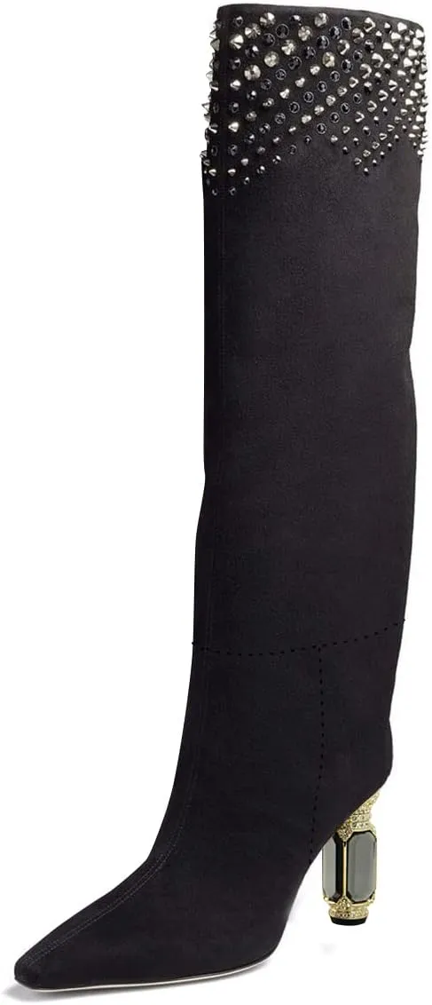 FSJ Women Trendy Studded Knee High Stretch Long Boots Pointed Toe Crystal Block Chunky Heel Comfort Winter Warm Faux Suede Pull On Shoes Size 4-15 US