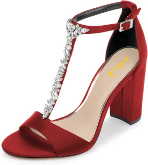 FSJ Women Wedding T Strap Open Toe Sandals Rhinestones Crystal Studded Chunky High Heel Buckled Shoes Size 4-15 US