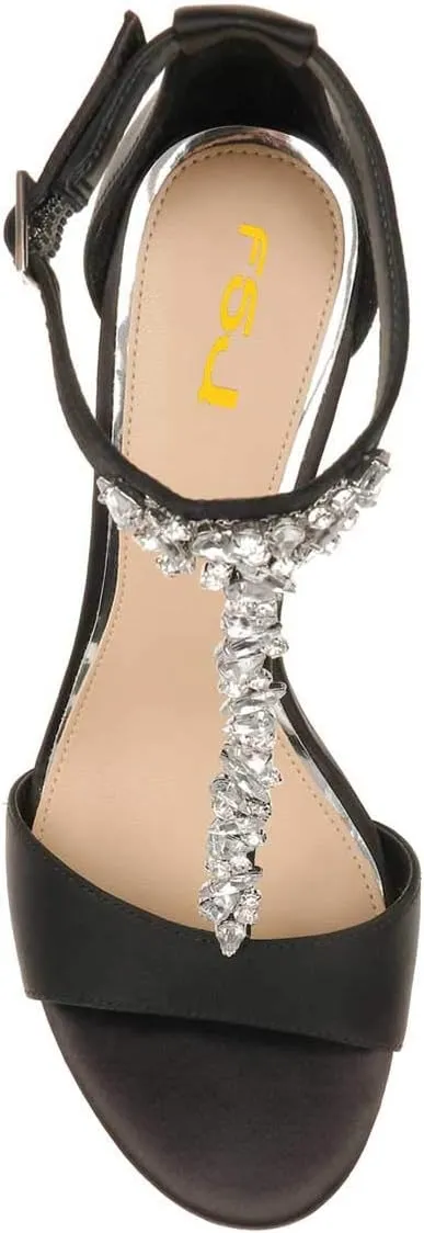 FSJ Women Wedding T Strap Open Toe Sandals Rhinestones Crystal Studded Chunky High Heel Buckled Shoes Size 4-15 US