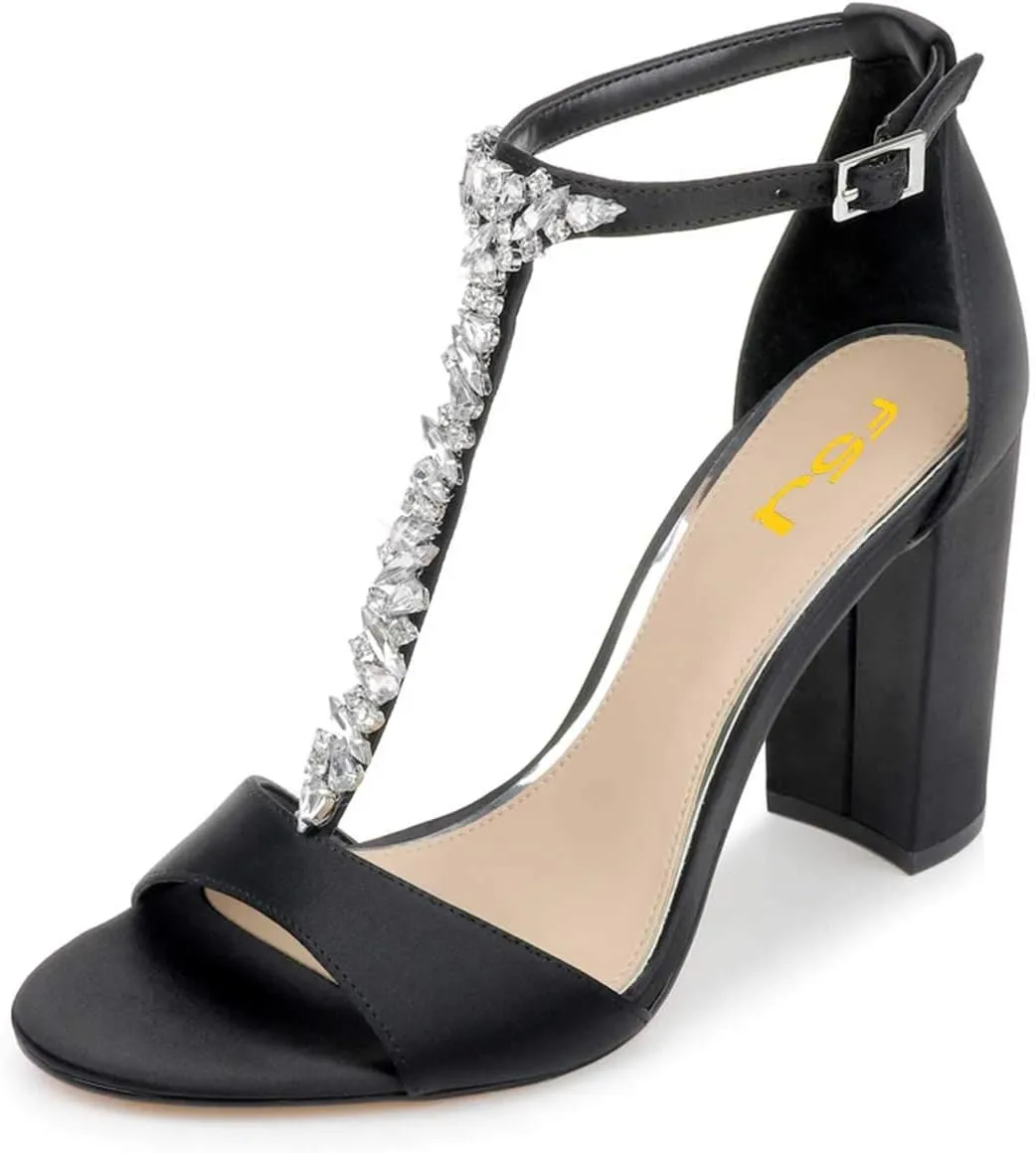 FSJ Women Wedding T Strap Open Toe Sandals Rhinestones Crystal Studded Chunky High Heel Buckled Shoes Size 4-15 US