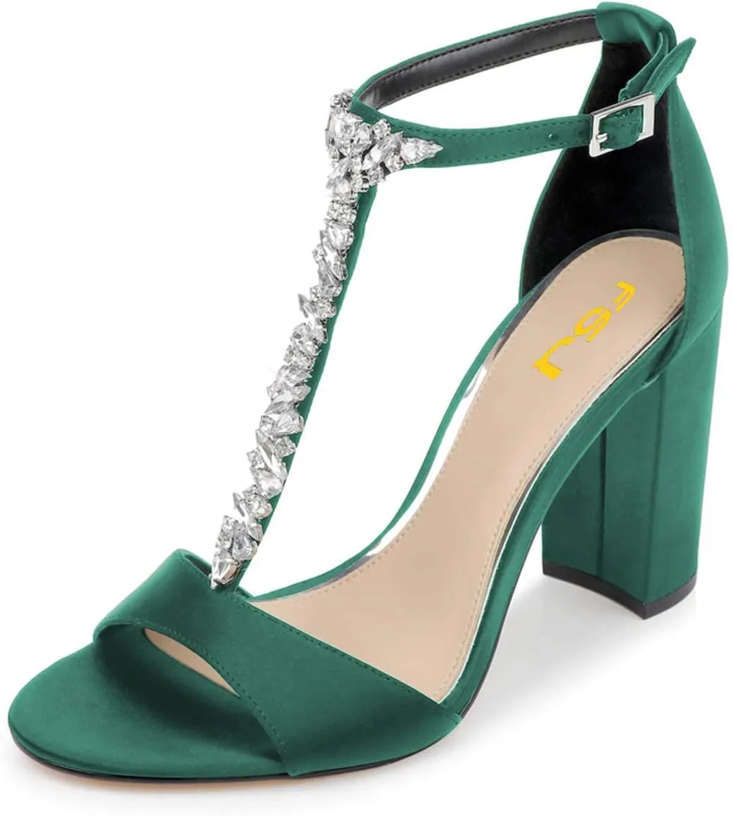 FSJ Women Wedding T Strap Open Toe Sandals Rhinestones Crystal Studded Chunky High Heel Buckled Shoes Size 4-15 US