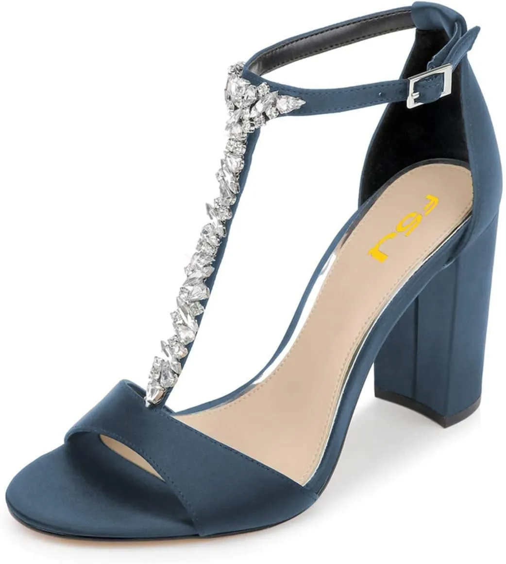 FSJ Women Wedding T Strap Open Toe Sandals Rhinestones Crystal Studded Chunky High Heel Buckled Shoes Size 4-15 US