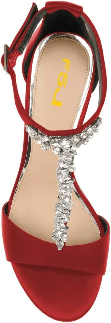 FSJ Women Wedding T Strap Open Toe Sandals Rhinestones Crystal Studded Chunky High Heel Buckled Shoes Size 4-15 US