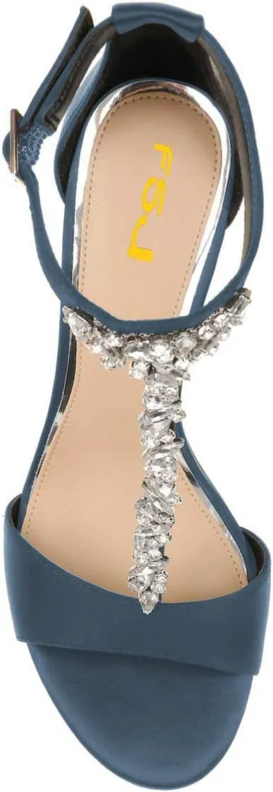 FSJ Women Wedding T Strap Open Toe Sandals Rhinestones Crystal Studded Chunky High Heel Buckled Shoes Size 4-15 US
