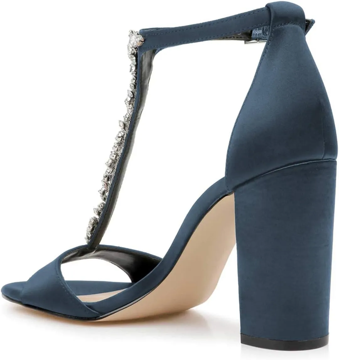 FSJ Women Wedding T Strap Open Toe Sandals Rhinestones Crystal Studded Chunky High Heel Buckled Shoes Size 4-15 US