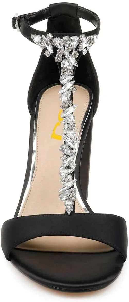 FSJ Women Wedding T Strap Open Toe Sandals Rhinestones Crystal Studded Chunky High Heel Buckled Shoes Size 4-15 US