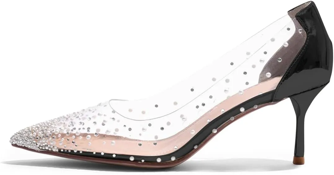 FSJ Women's Rhinestones Clear Low Kitten Heel Pumps Transparent Studded Pearls Pointed Toe Slip On Wedding Dress Evening Shoes Size 4-15 US