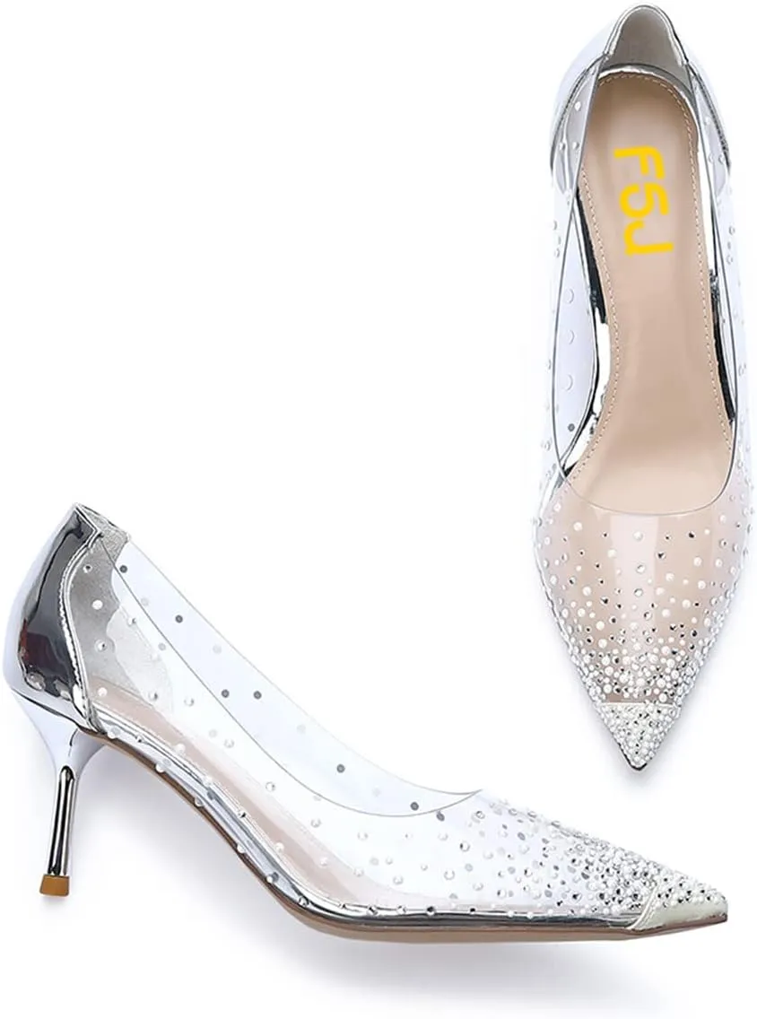 FSJ Women's Rhinestones Clear Low Kitten Heel Pumps Transparent Studded Pearls Pointed Toe Slip On Wedding Dress Evening Shoes Size 4-15 US
