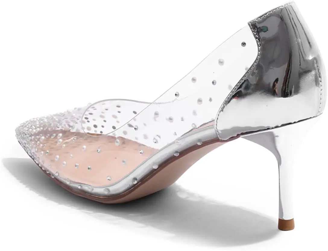 FSJ Women's Rhinestones Clear Low Kitten Heel Pumps Transparent Studded Pearls Pointed Toe Slip On Wedding Dress Evening Shoes Size 4-15 US