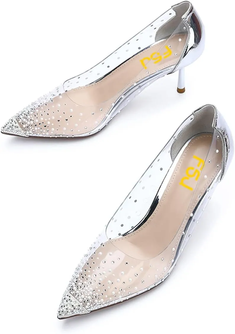 FSJ Women's Rhinestones Clear Low Kitten Heel Pumps Transparent Studded Pearls Pointed Toe Slip On Wedding Dress Evening Shoes Size 4-15 US