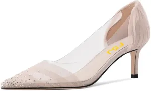 FSJ Women's Rhinestones Clear Low Kitten Heel Pumps Transparent Studded Pearls Pointed Toe Slip On Wedding Dress Evening Shoes Size 4-15 US
