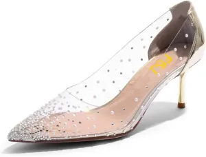 FSJ Women's Rhinestones Clear Low Kitten Heel Pumps Transparent Studded Pearls Pointed Toe Slip On Wedding Dress Evening Shoes Size 4-15 US