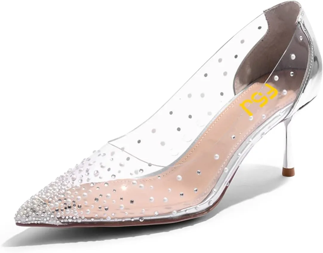 FSJ Women's Rhinestones Clear Low Kitten Heel Pumps Transparent Studded Pearls Pointed Toe Slip On Wedding Dress Evening Shoes Size 4-15 US