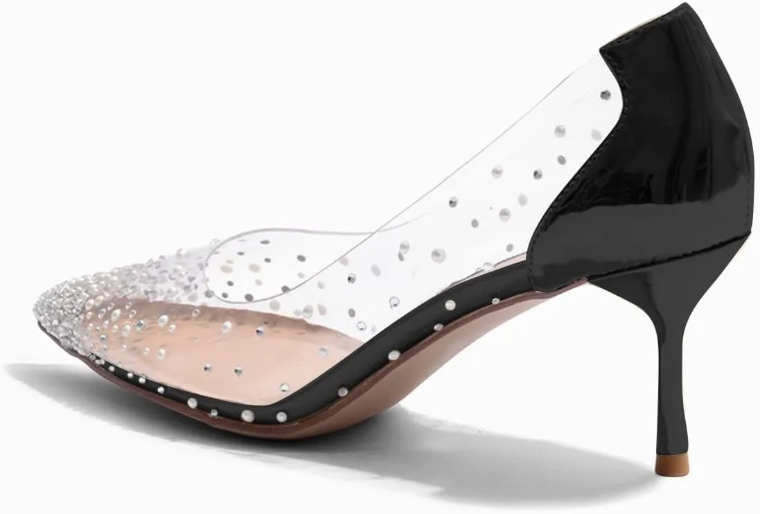 FSJ Women's Rhinestones Clear Low Kitten Heel Pumps Transparent Studded Pearls Pointed Toe Slip On Wedding Dress Evening Shoes Size 4-15 US