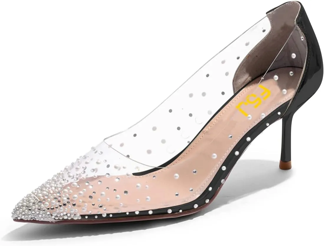 FSJ Women's Rhinestones Clear Low Kitten Heel Pumps Transparent Studded Pearls Pointed Toe Slip On Wedding Dress Evening Shoes Size 4-15 US