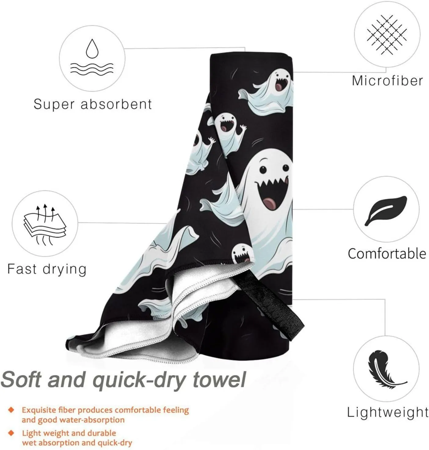 Funny White Ghost Premium Compact Microfiber Travel Towel-Featherlight & Quick Dry,Sand-Resistant Beach Towel for Swimming,Camping,Vacation Essentials with Carry Pouch