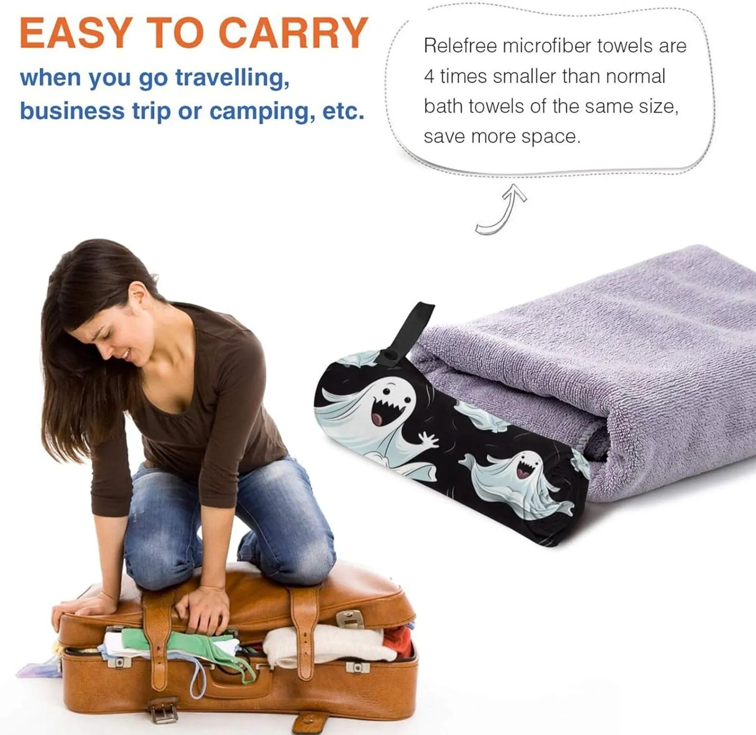 Funny White Ghost Premium Compact Microfiber Travel Towel-Featherlight & Quick Dry,Sand-Resistant Beach Towel for Swimming,Camping,Vacation Essentials with Carry Pouch