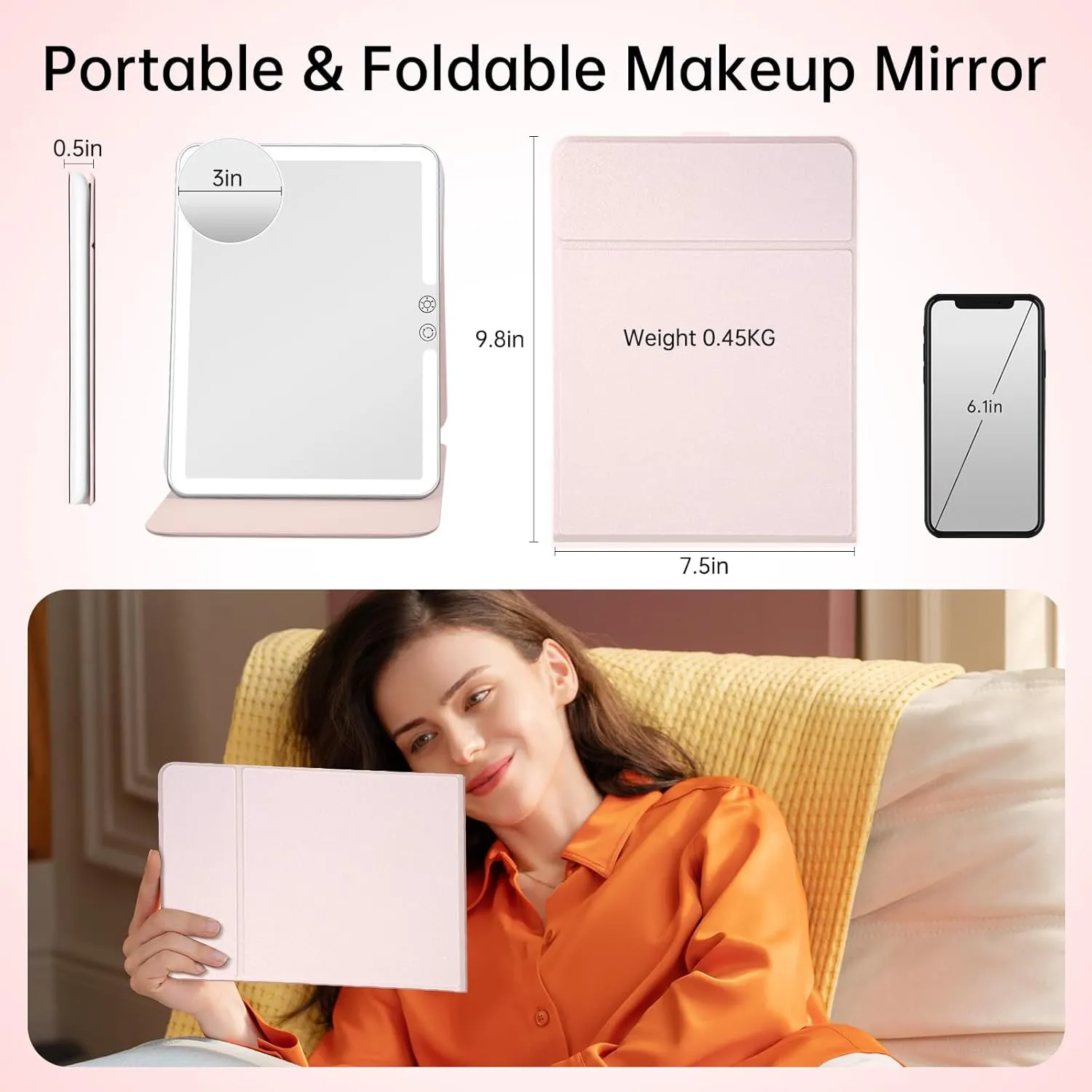 FUNTOUCH 2500mAh Large Rechargeable Travel Makeup Mirror with Lights, Portable Makeup Mirror with 10X Magnifying Mirror 3 Lighting Modes, Tabletop Folding Travel Mirror with PU Leather Cover (Pink)