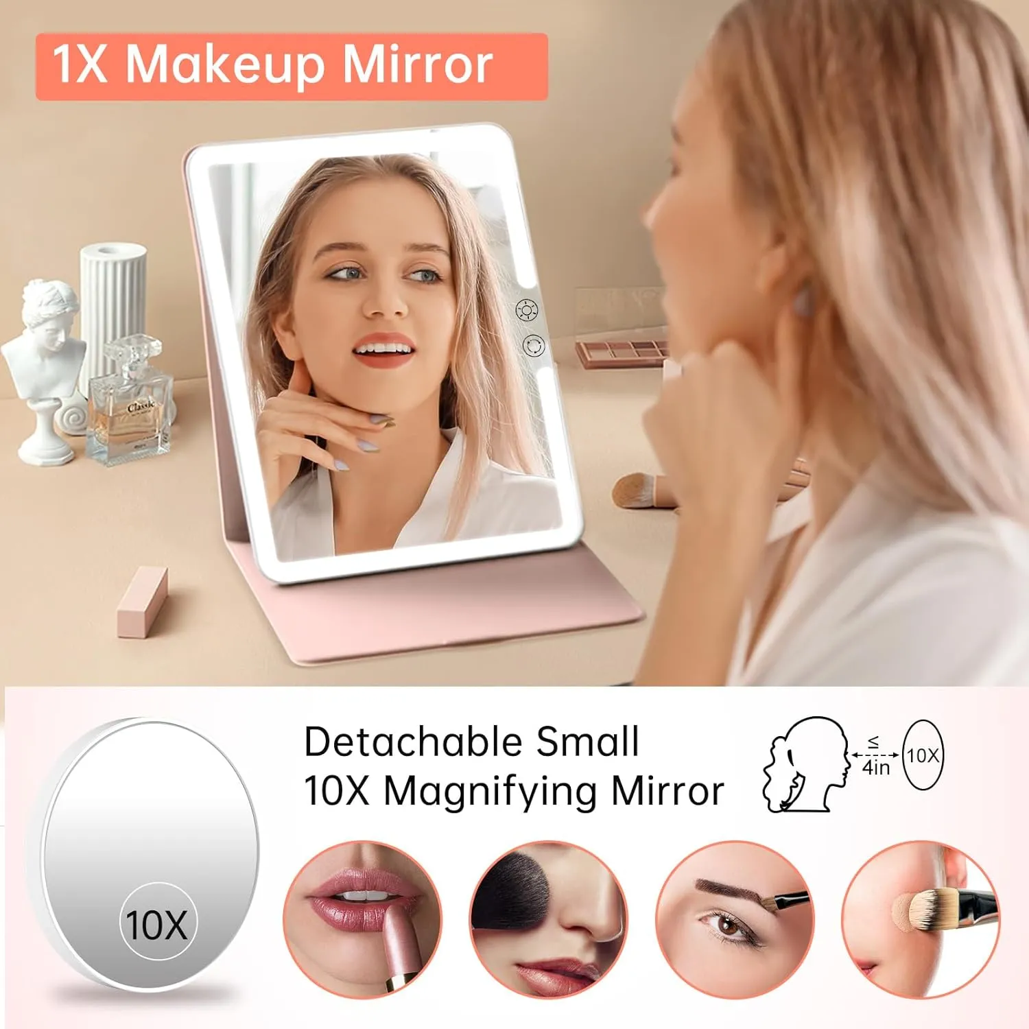 FUNTOUCH 2500mAh Large Rechargeable Travel Makeup Mirror with Lights, Portable Makeup Mirror with 10X Magnifying Mirror 3 Lighting Modes, Tabletop Folding Travel Mirror with PU Leather Cover (Pink)
