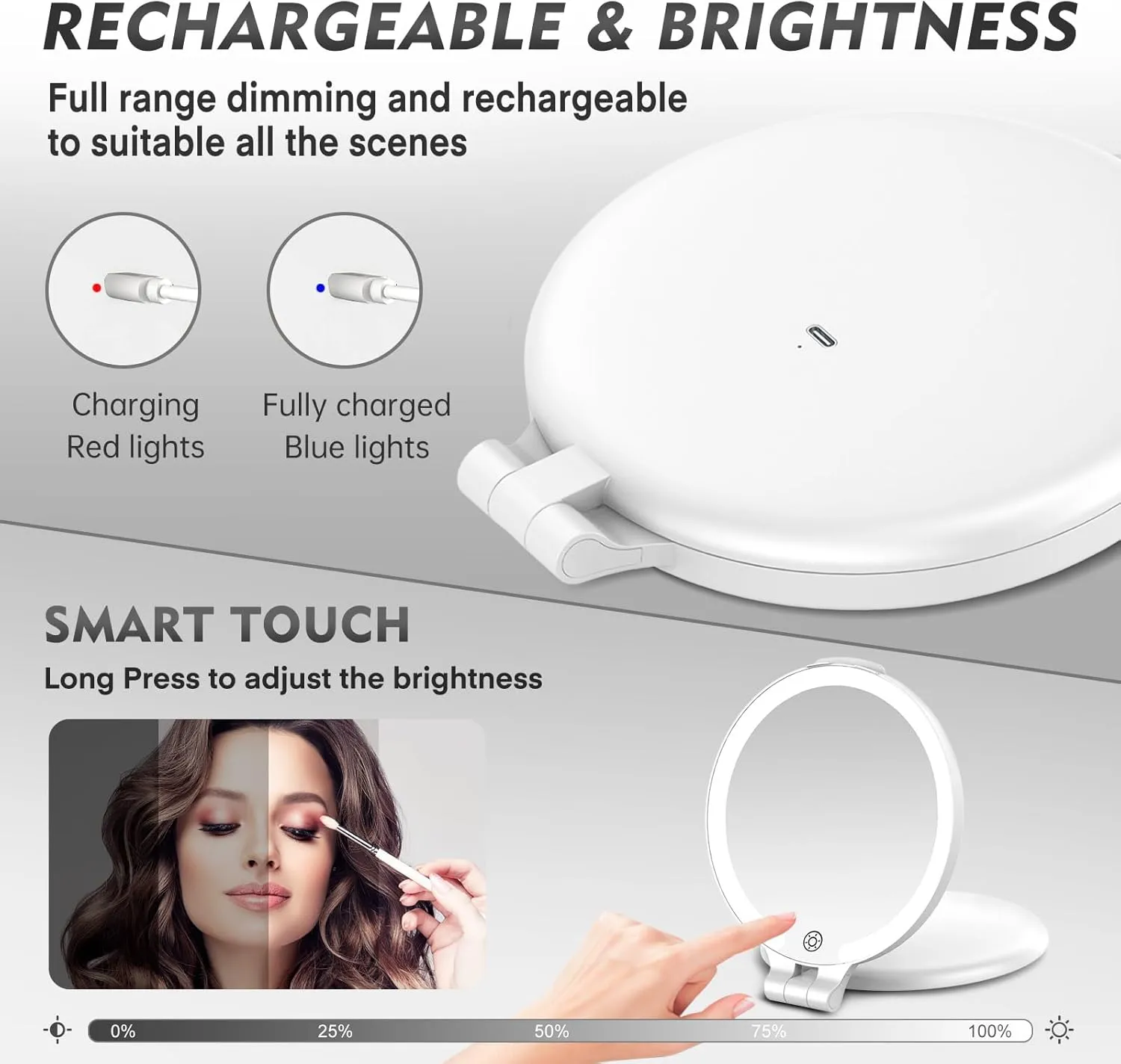 FUNTOUCH Travel Mirror with Light, 1X/10X Rechargeable Portable Magnifying Mirror with Light, Touch Switch & Adjustable Brightness Makeup Mirror for Plucking Eyebrows (7in)