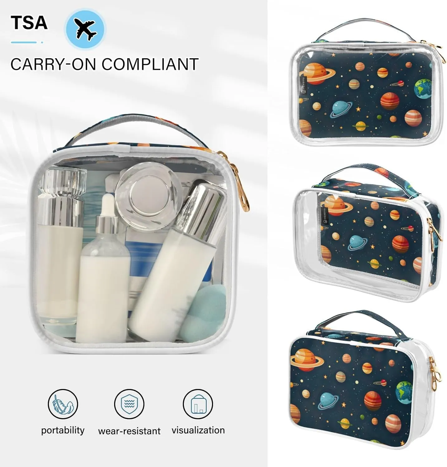 GAIGEO Colorful Solar System 2 Pack Travel Transparent Bag, Large Capacity Cosmetic Toiletry Bag, Clear Bag for Car