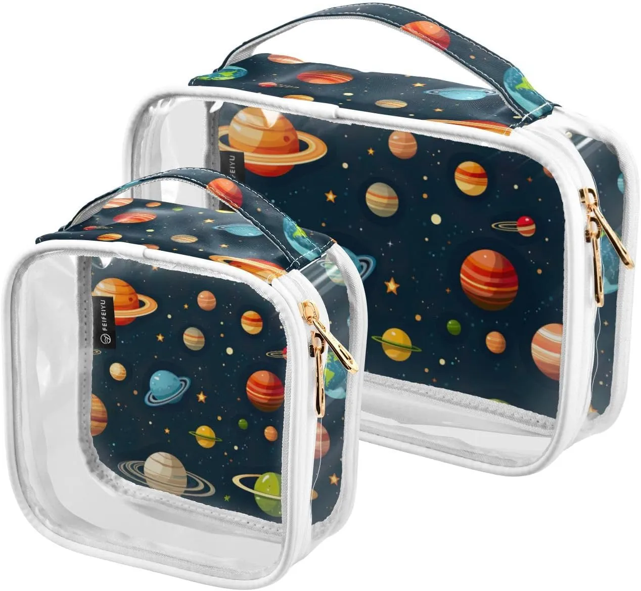 GAIGEO Colorful Solar System 2 Pack Travel Transparent Bag, Large Capacity Cosmetic Toiletry Bag, Clear Bag for Car