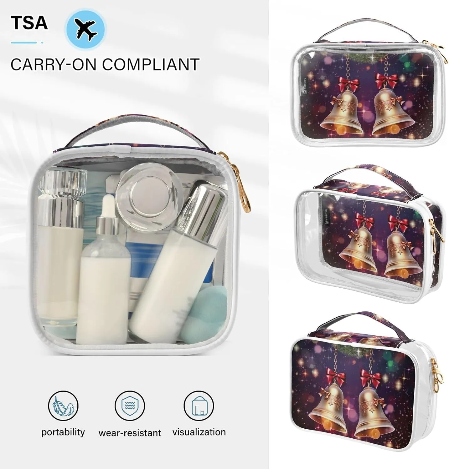 GAIGEO Merry Christmas with Bells Clear Makeup Bag Set, Double Zipper Cosmetic Bag, Travel Accessories Bags, 2 Pack