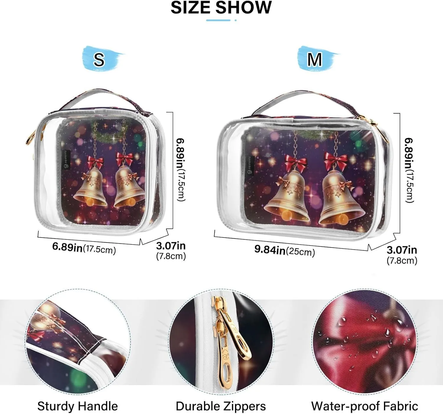 GAIGEO Merry Christmas with Bells Clear Makeup Bag Set, Double Zipper Cosmetic Bag, Travel Accessories Bags, 2 Pack
