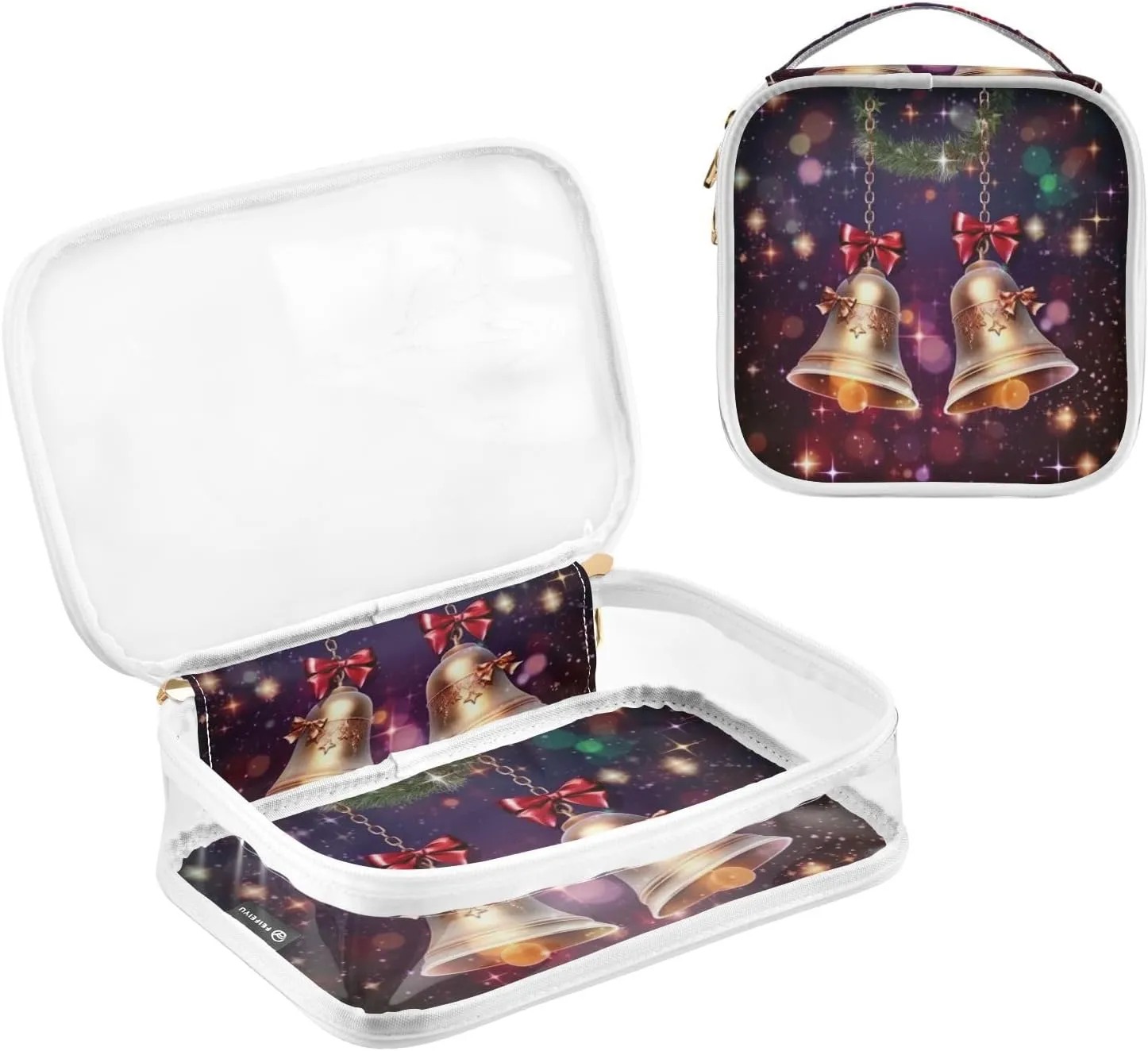GAIGEO Merry Christmas with Bells Clear Makeup Bag Set, Double Zipper Cosmetic Bag, Travel Accessories Bags, 2 Pack
