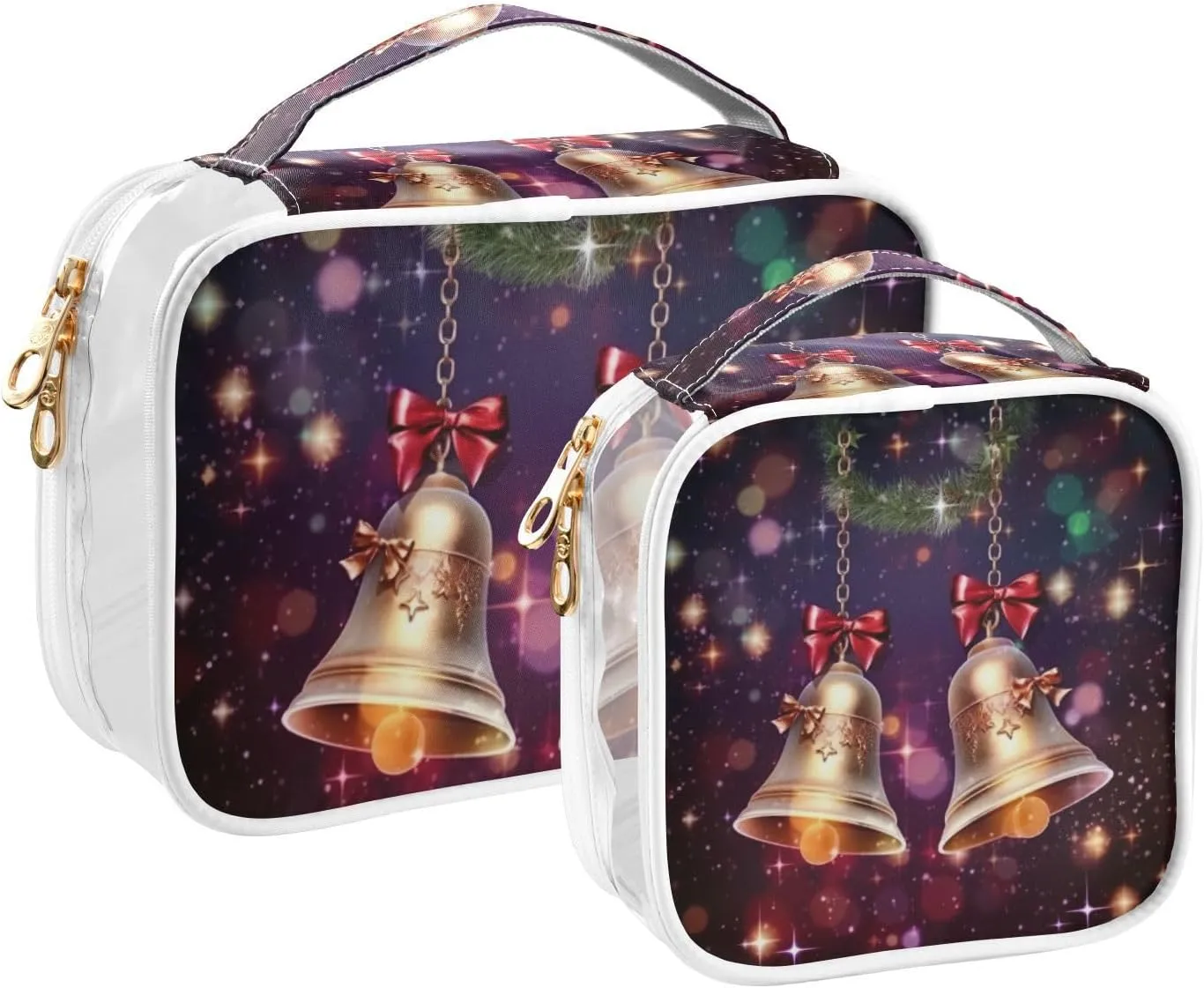 GAIGEO Merry Christmas with Bells Clear Makeup Bag Set, Double Zipper Cosmetic Bag, Travel Accessories Bags, 2 Pack