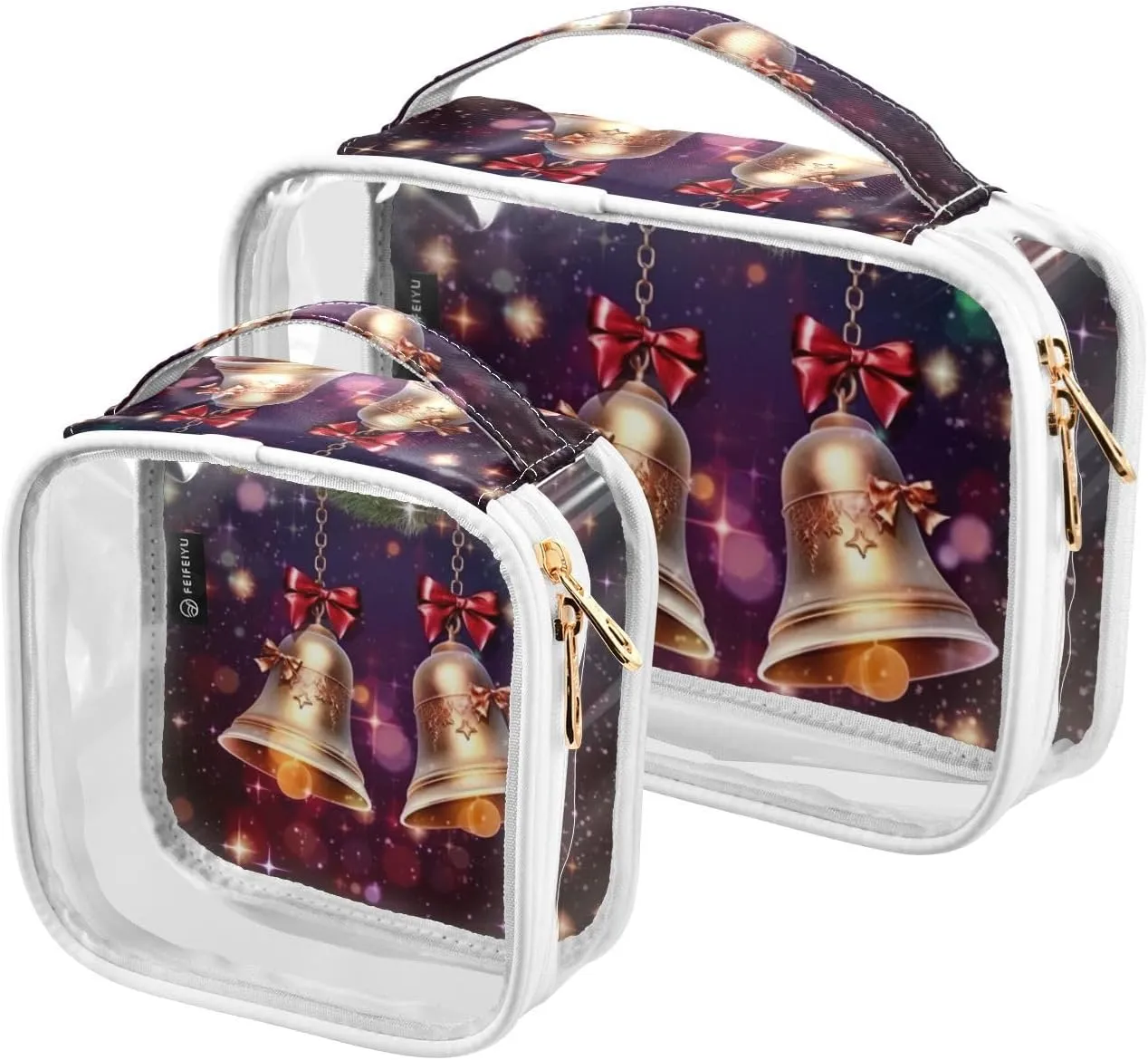 GAIGEO Merry Christmas with Bells Clear Makeup Bag Set, Double Zipper Cosmetic Bag, Travel Accessories Bags, 2 Pack