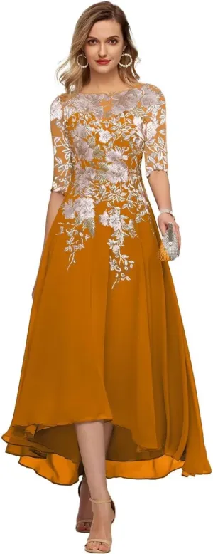 GARDOM Embroidery Midi Mother of The Bride Dresses for Wedding Tea Length Half Sleeve Lace Chiffon Formal Evening Gowns